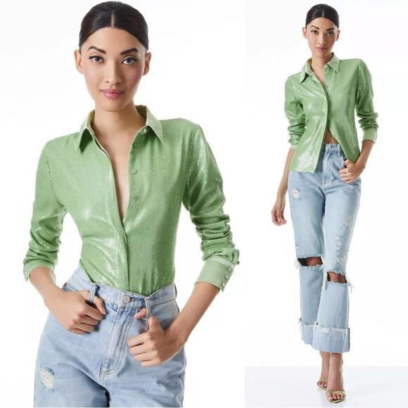 Alice + Olivia Willa Sequin Green Shirt Button Up Dress Shirt Size S - Picture 1 of 11